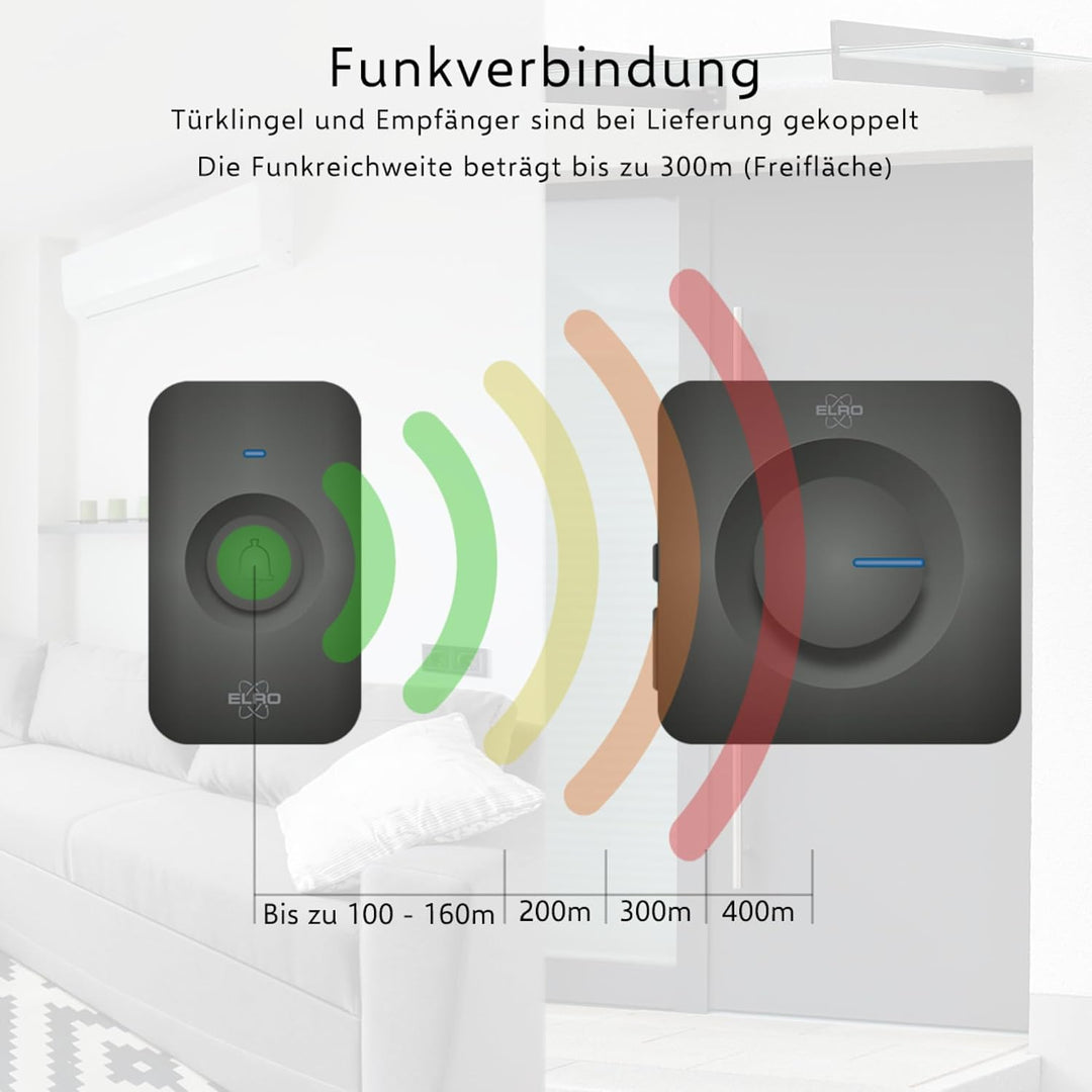 ELRO DB3000-P1C1B Funk Türklingel Set Tragbare Empfänger mit Batterie-Wasserdicht, 100m Reichweite,