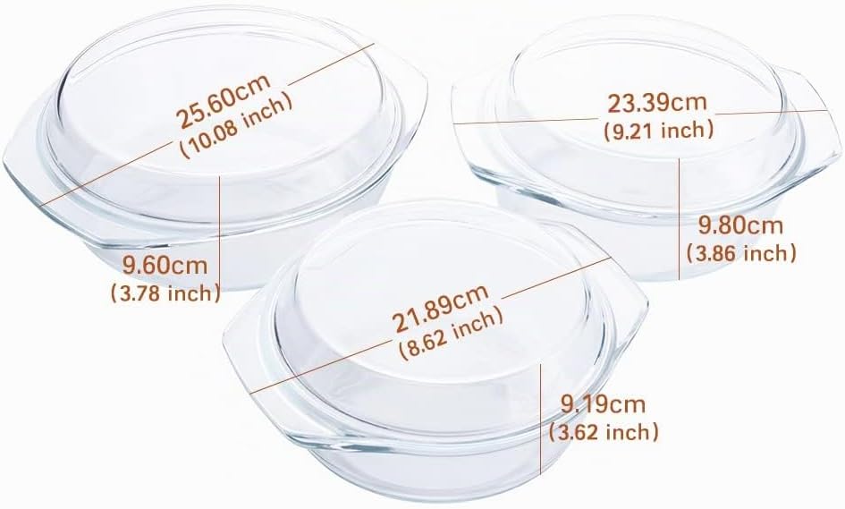 Set 6 Stücke Rund Auflaufform aus Gehärtetem Glas Set, 1L+1.5L+1.8L Glas Backform mit Deckel für Bac