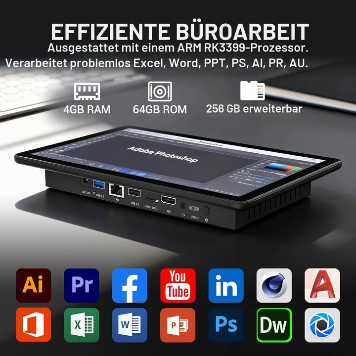 Lüfterloser All-in-One Touchscreen-Computer RK3399, Industrie-Panel-PC 10,1 Zoll Robust Android 12,