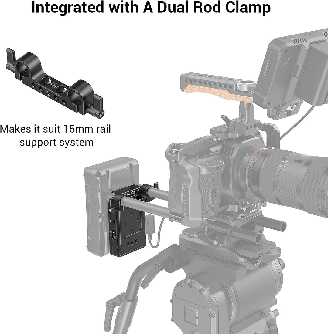 SMALLRIG V-Mount Akkuplattenadapter mit doppelter 15-mm-Stabklemme, für spiegellose/DSLR-Kamera, für
