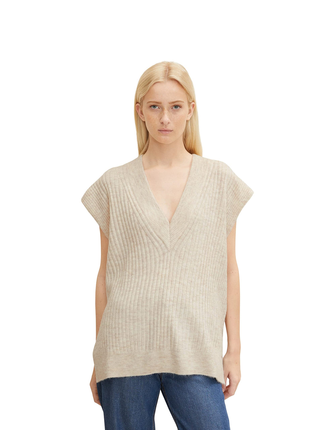 TOM TAILOR Denim Damen 1033555 Longstyle Pullunder (1er Pack) S 24421 - Creme Beige Melange, S 24421