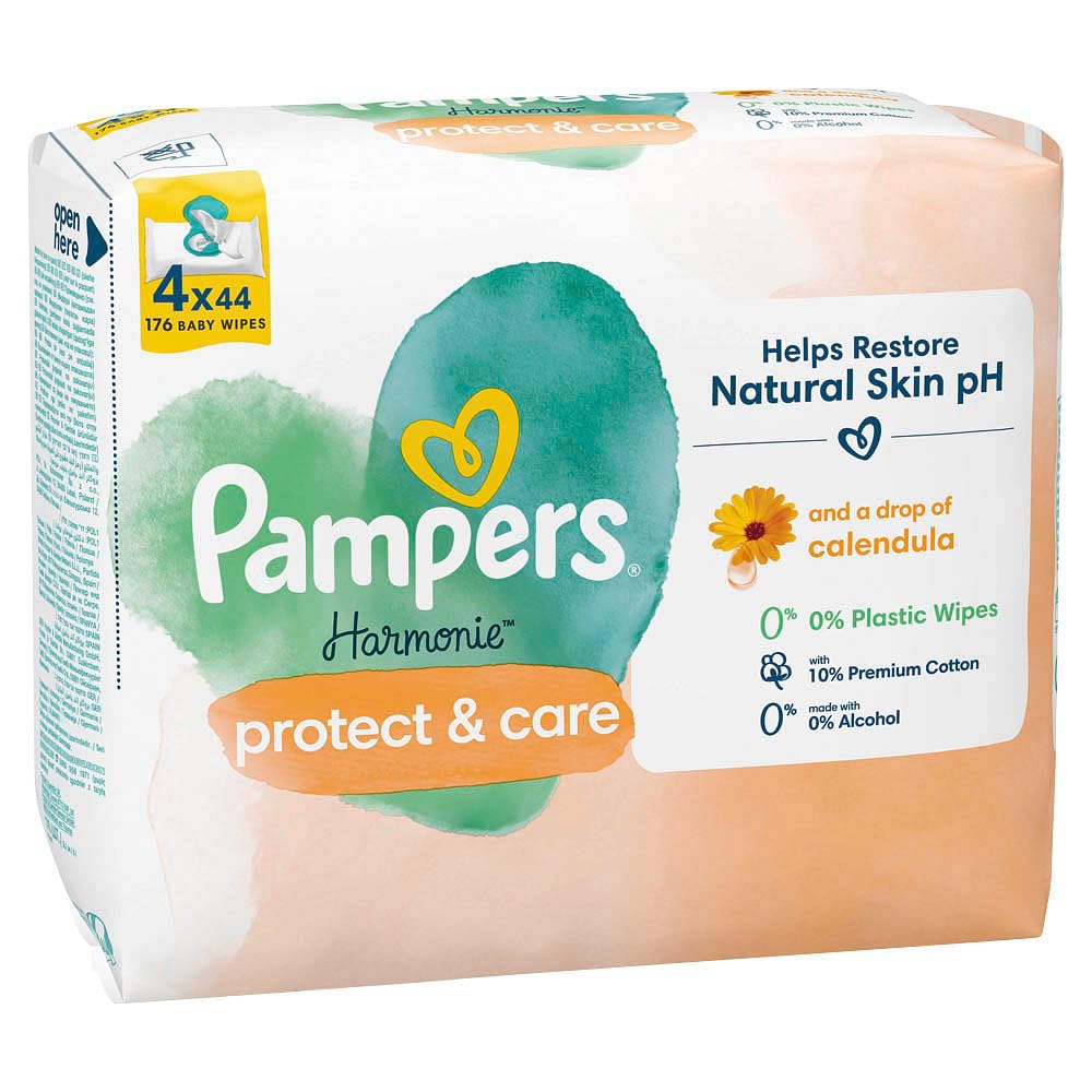 Pampers Harmonie Protect &amp; Care Baby-Feuchttücher 4 Packungen 44 Tücher = 176 Babyfeuchttücher, Helf