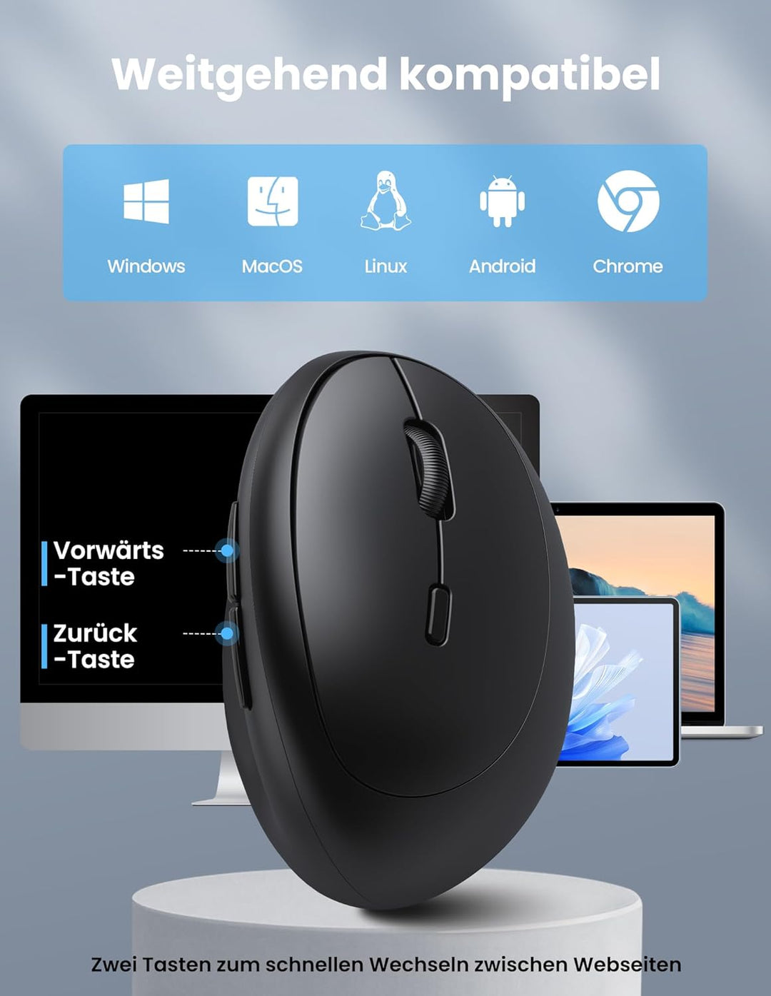 TECKNET Ergonomische Maus Bluetooth, Wiederaufladbar Maus Kabellos mit 3 Gerät (BT 5.0/3.0 + 2.4G),