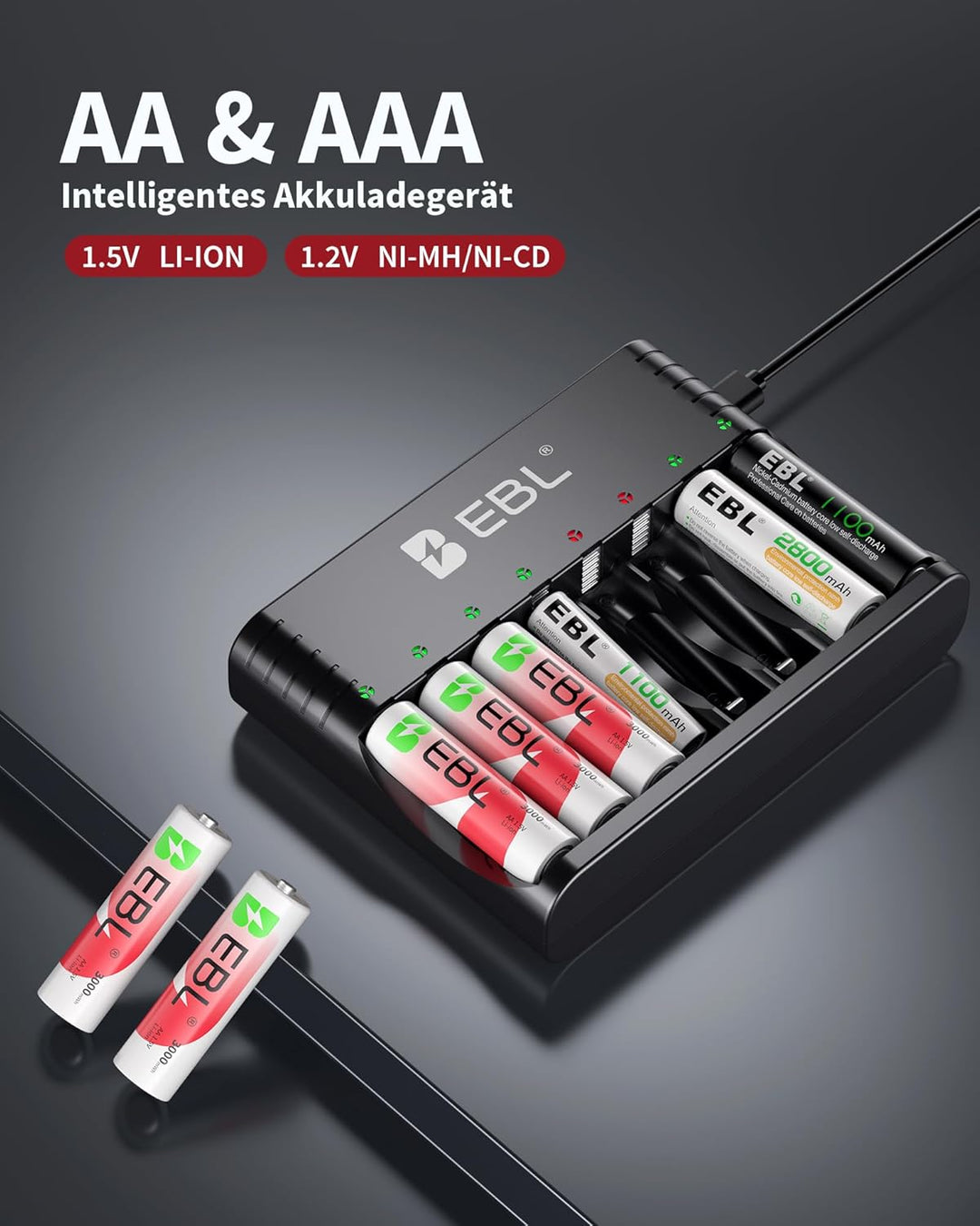 EBL Wiederaufladbar Lithium Akkus AA 8 Pack mit Ladegerät, 1.5v 3000mWh 1600 Zyklen Langlebige AA Ba