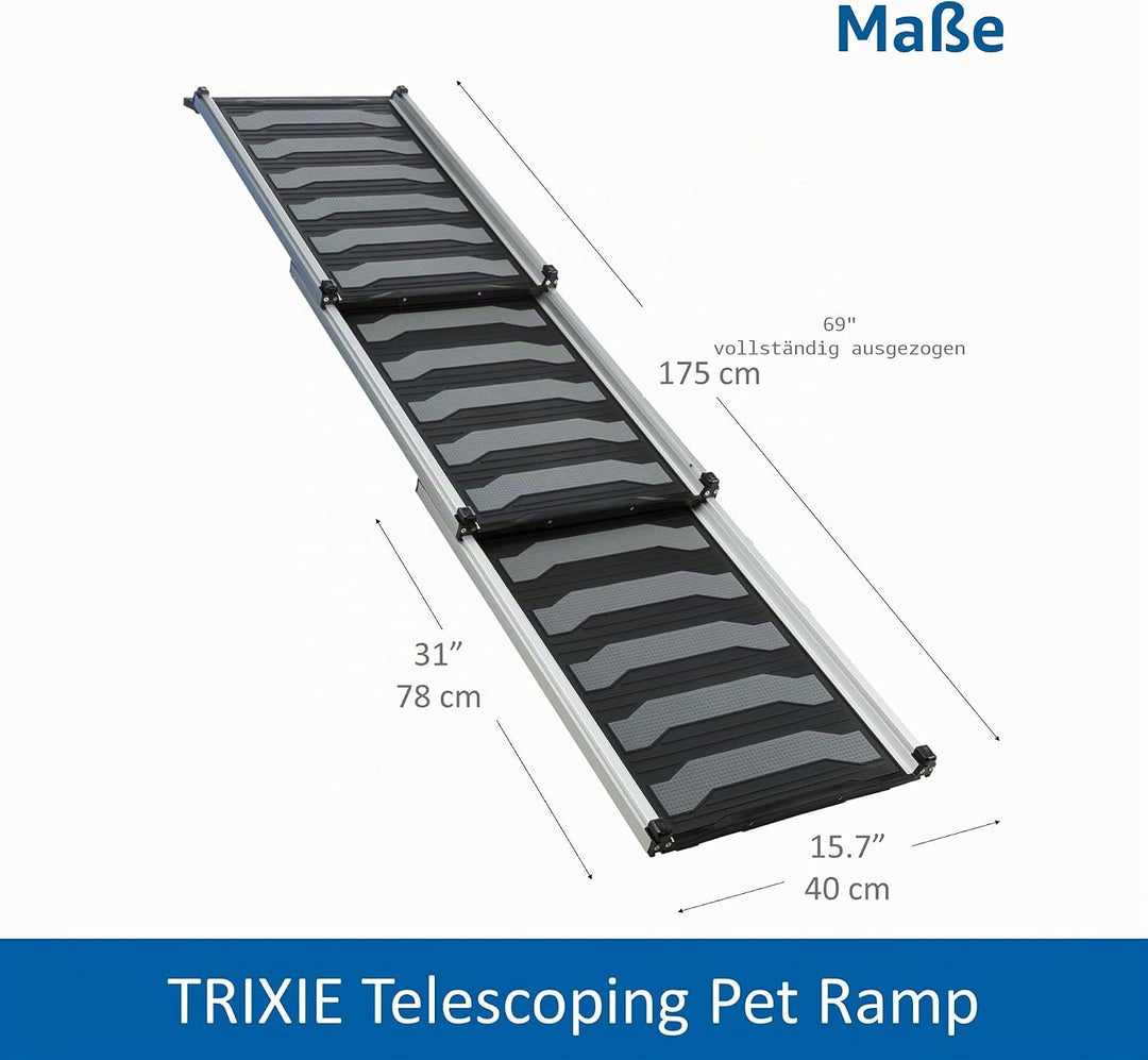 TRIXIE 39479 Robuste Teleskop-Haustierrampe, 175,3 cm, leichtes Aluminium, tragbare Hunderampe, Auto