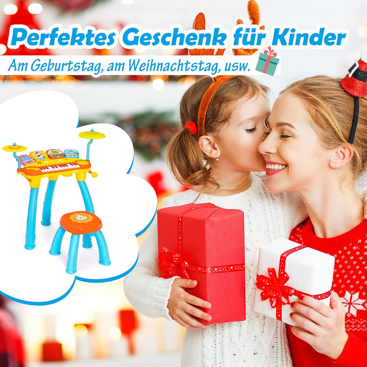 GOPLUS Kinderkeyboard mit Schlagzeug & Hocker, 24-Tasten Klaviertastatur mit 4 Trommeln, 2 Becken, 2