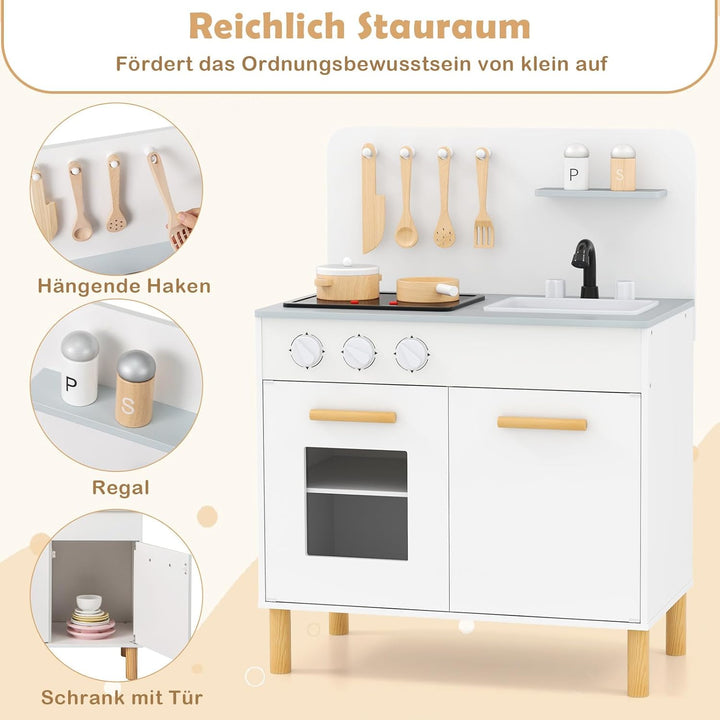 COSTWAY Kinderküche mit 10 Zubehör, Spielküche Holz mit Licht und Sound, Spielzeugküche mit Herd & S