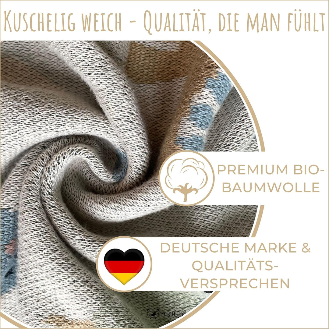 nidito Hochwertige Bio Babydecke Baumwolle Beige Dino - 100% GOTS Bio-Baumwolle - 80x100 cm - herrli