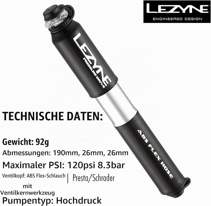 Lezyne Minipumpe CNC Pressure Drive Schwarz S - 17,0cm Single