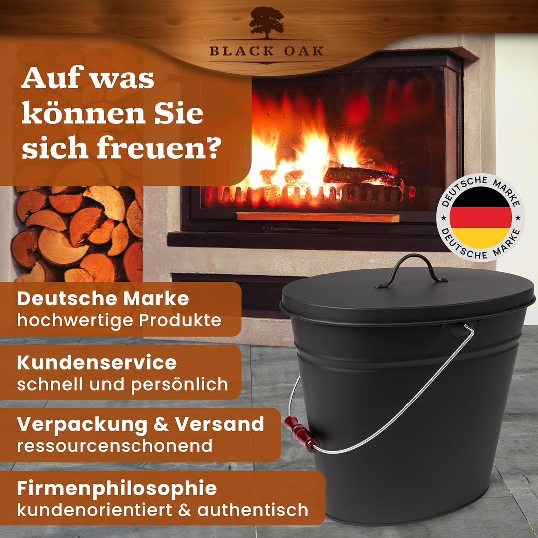 BLACK OAK Ascheeimer Vesuvio 15L – schwarz oval mit Deckel - gross 15 Liter - Stahl feuerfest verzin