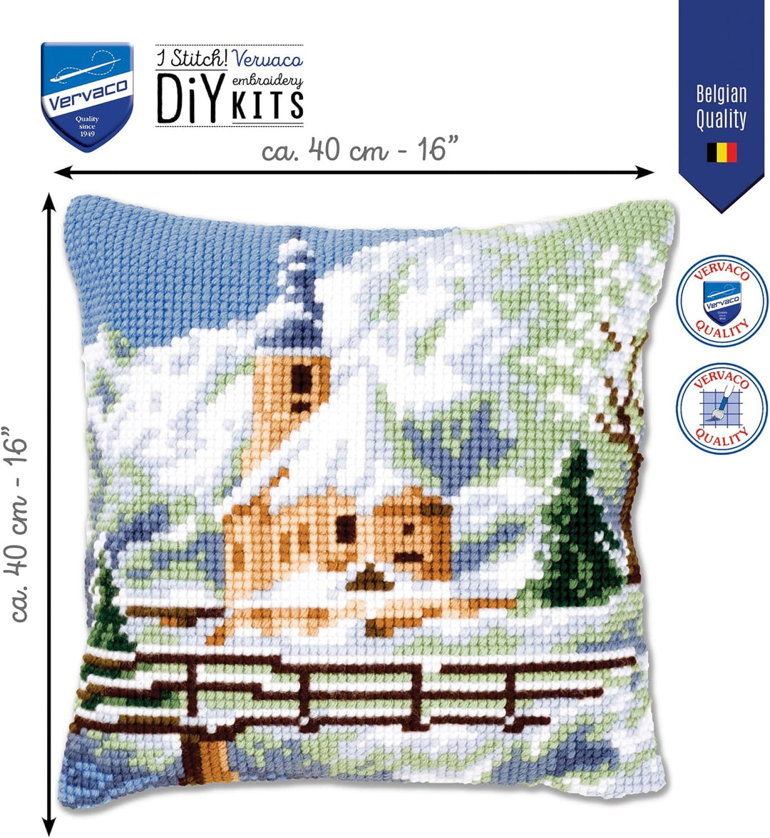 Vervaco Kirche im Schnee Kreuzstichkissen/Stickkissen vorgedruckt, Baumwolle, Mehrfarbig, 40 x 40 x