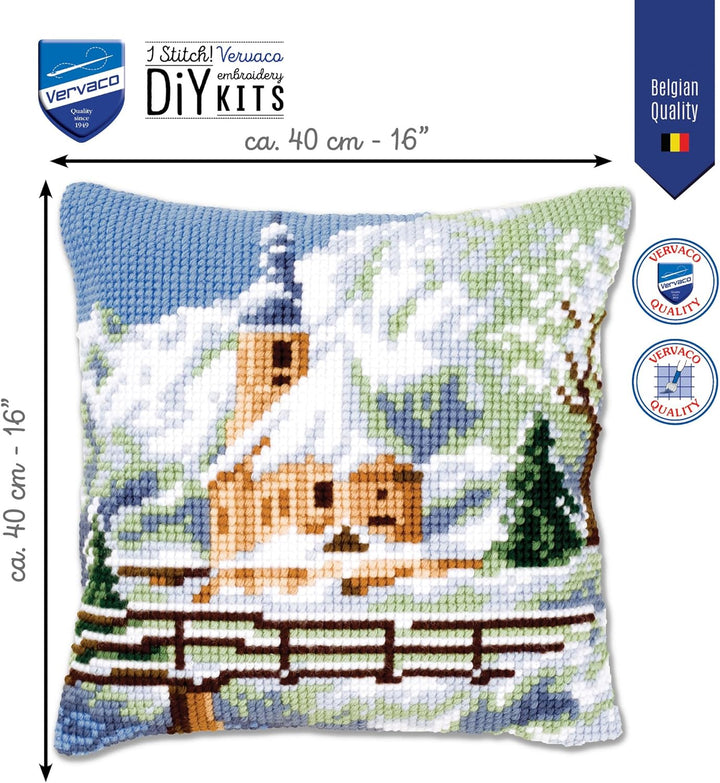 Vervaco Kirche im Schnee Kreuzstichkissen/Stickkissen vorgedruckt, Baumwolle, Mehrfarbig, 40 x 40 x