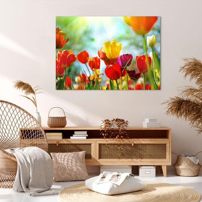 Bilder auf Leinwand 100x70cm Leinwandbild Tulpe Blume Plantage Wiese Gross Wanddeko Bild Schlafzimme