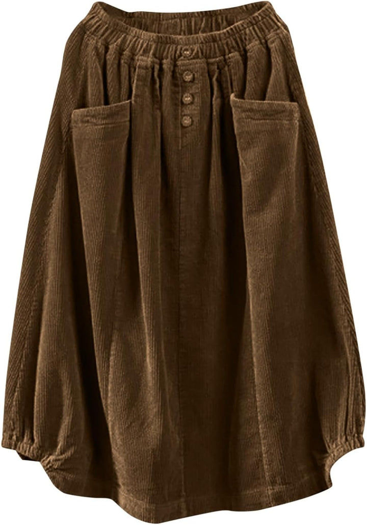 Generisch 2025 Damenrock Winter Cordrock Frauen Midi Lange Röcke Weibliche elastische Taille A-Linie