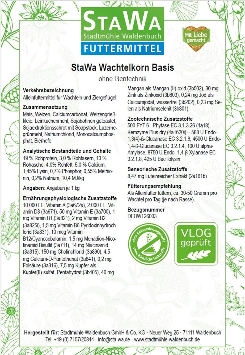 STAWA Wachtelkorn Basis, 2mm Pellets Wachtelfutter, ohne Gentechnik, ohne künstliche Konservierungs-