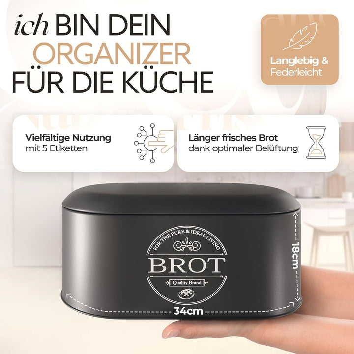IDEALTASTIC® Premium 2-in-1 Brotkasten schwarz mit effizientem Schneidebrett-Deckel I Länger frischh