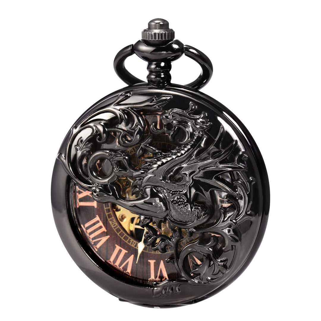 TREEWETO Antike Drache Mechanische Skelett-Taschenuhr mit Kette 5. Bronzebraun, 5. Bronzebraun