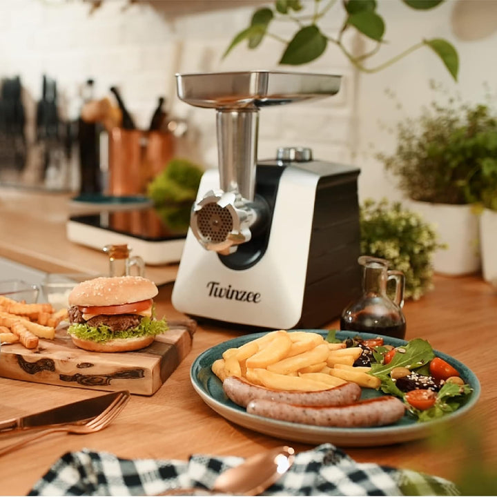 Twinzee - Elektrischer Fleischwolf mit Wurstfüller, Schwarz - Für Fleisch und Wurst - Küchenmaschine