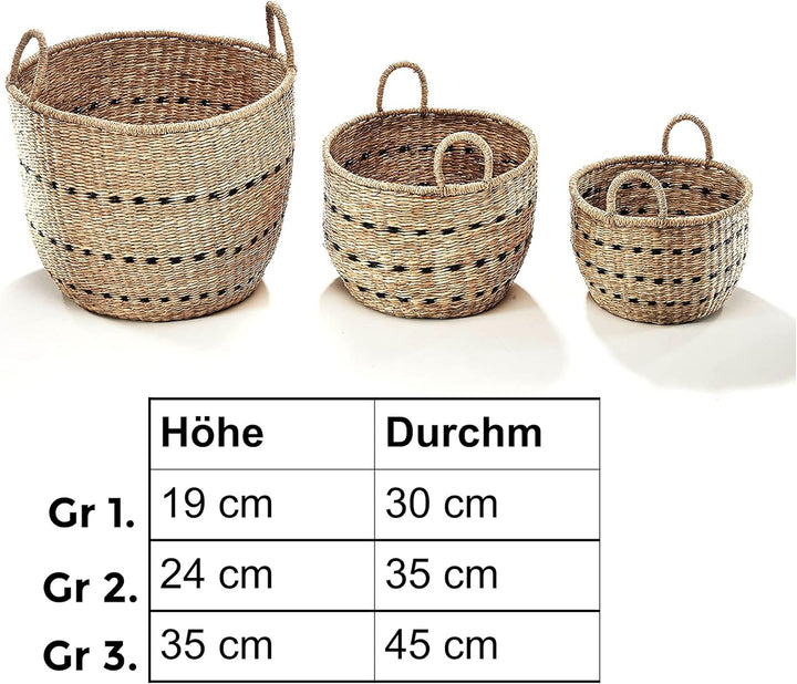 Kobolo Dekokorb Aufbewahrung 3er Set rund - Seegras - natur mit Griffen