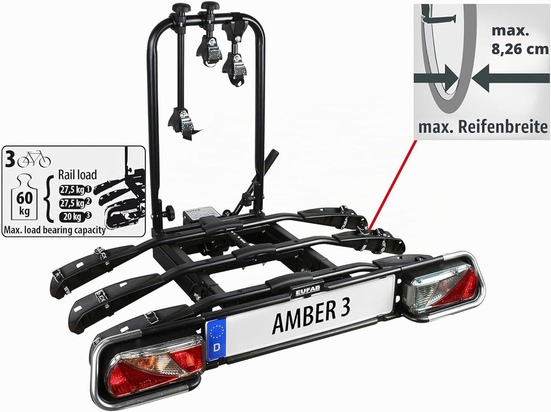EUFAB 11555 Fahrradträger AMBER 3, E-Bike geeignet, teilweise vormontiert, Diebstahlschutz, für 3 Fa