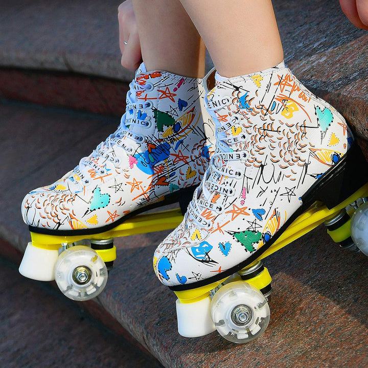 Damen Klassische Retro Rollschuhe,Rollschuhe mit Vier Rollen in Doppelreihe,Classic Roller, Rollschu