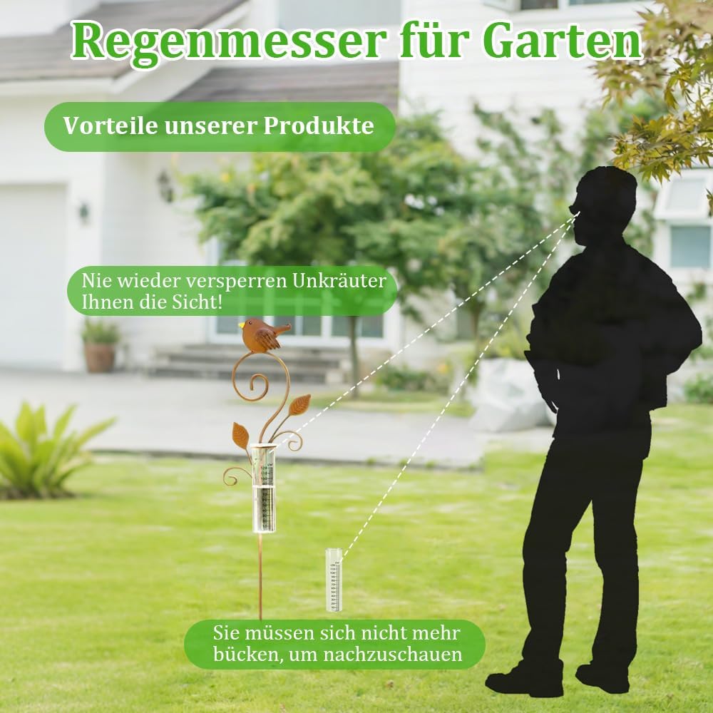 Regenmesser für Garten, 106cm Regenmesser Frostsicher mit Glas Messbecher, Niederschlagsmesser, Voge