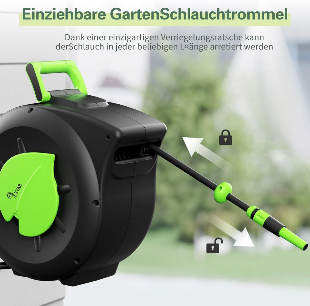 Schlauchtrommel 30m+2m, Wandmontage Schlauchbox mit Aufroll-Automatik & 180° Schwenkbar, Inkl Spritz