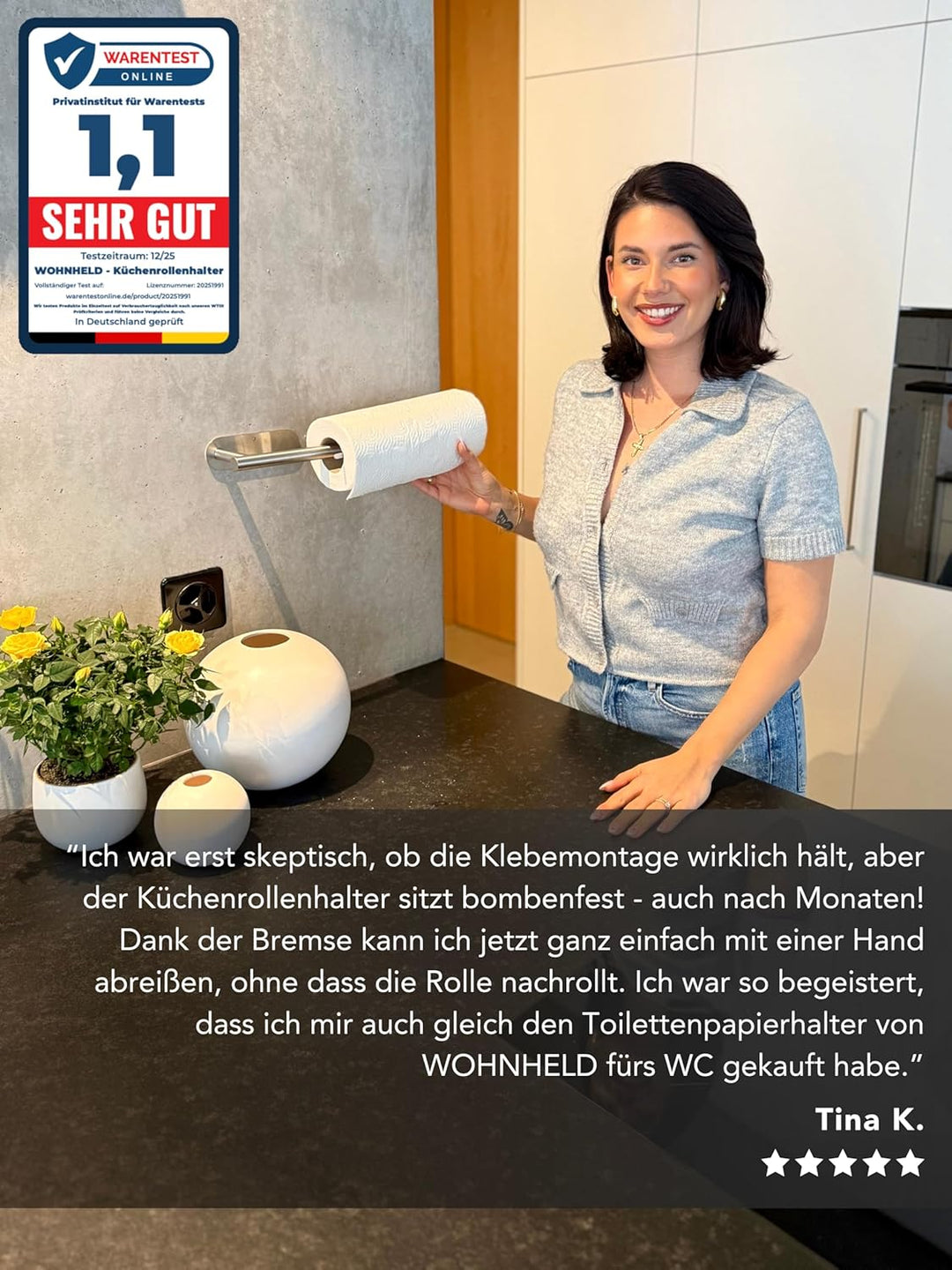 WOHNHELD® Küchenrollenhalter ohne Bohren [Mit Abroll-Bremse] für einhändiges Abreissen - Edelstahl s