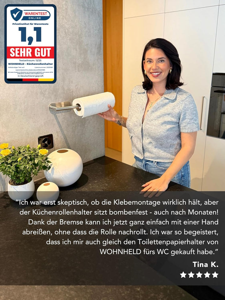 WOHNHELD® Küchenrollenhalter ohne Bohren [Mit Abroll-Bremse] für einhändiges Abreissen - Edelstahl s
