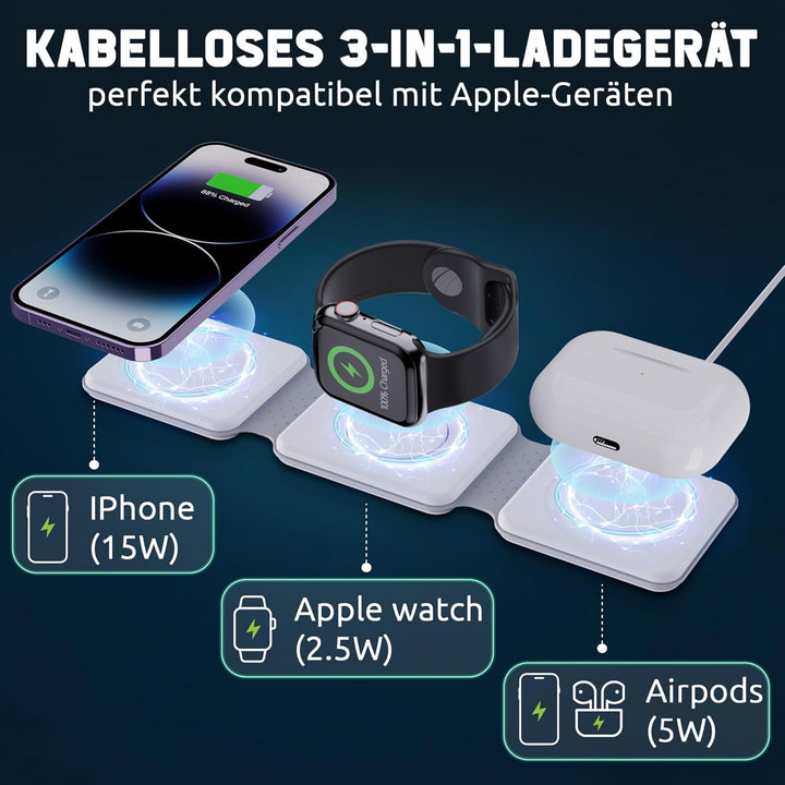 Mag-Safe Ladestation ANFIL® - Faltbare Kabelloses Apple Ladegerät 3-in-1, 15W - Folding Wireless Cha