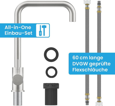 Bächlein Küchenarmatur Plivo (gebürsteter Edelstahl) – Einhand-Spültischbatterie aus Edelstahl mit 3