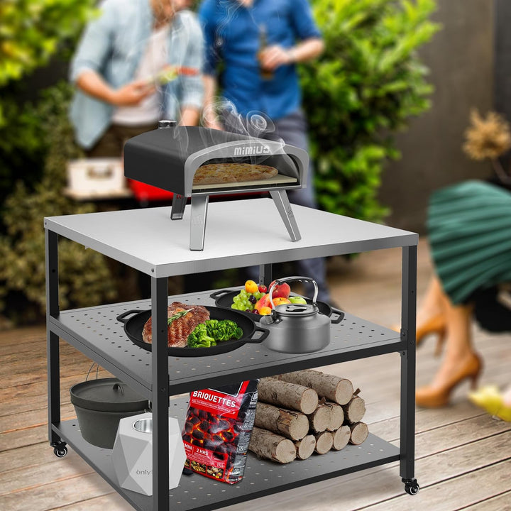 Onlyfire Robuster Pizzatisch, Grilltisch Servierwagen Outdoor mit Edelstahloberfläche und 4 Rollen,