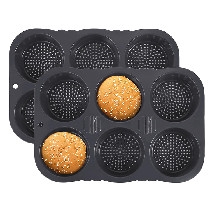 2er-Set Burgerbrötchenformen aus Silikon (6 Fächer pro Form, Ø 10 cm) - Backformen für Ofen & Mikrow