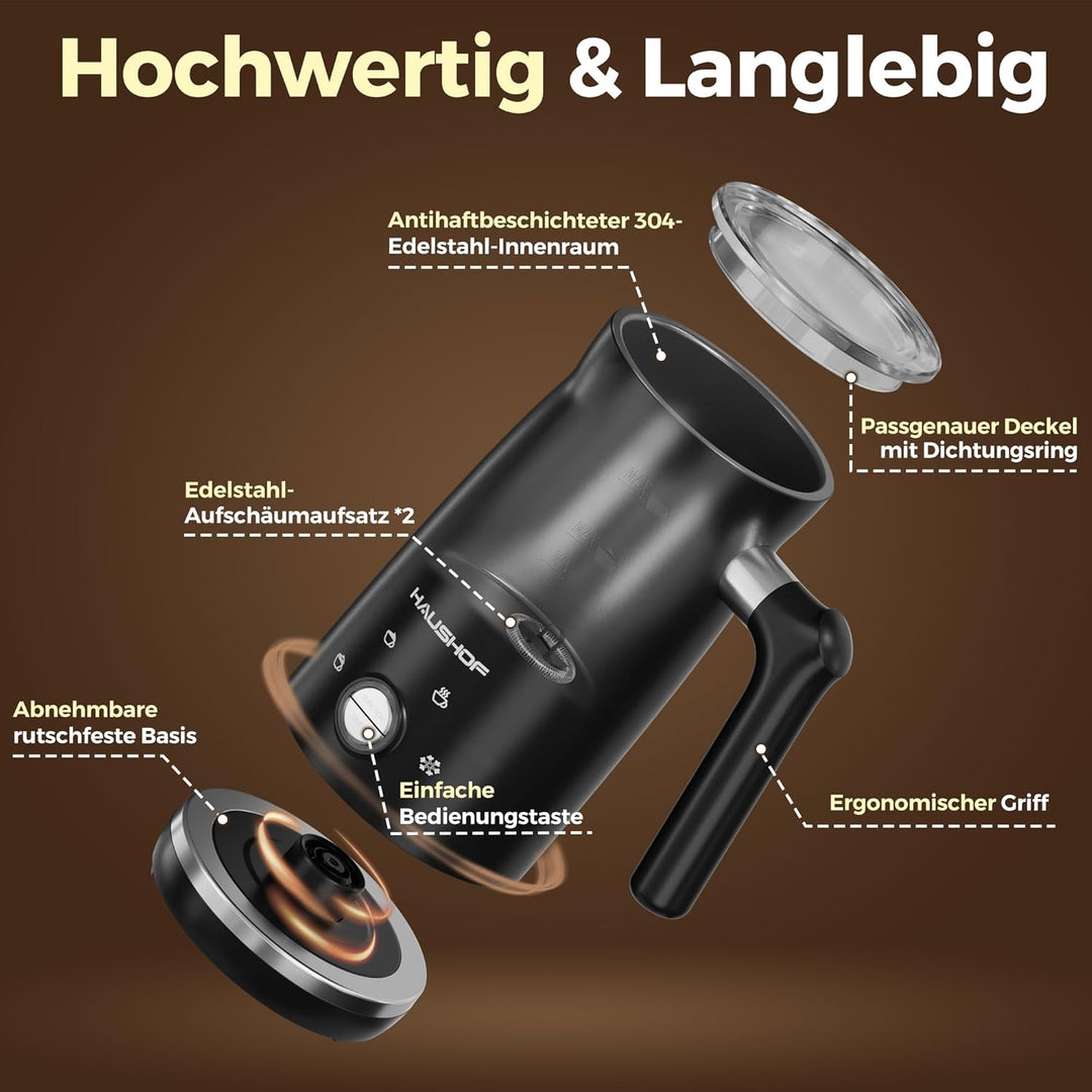 HAUSHOF Elektrischer Milchaufschäumer, 4 in 1 Elektrischer Milchdampfgarer, Automatische Milchschäum