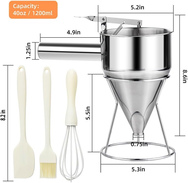 Pancake Dough Dispenser, Stainless Steel Funnel Cake Dispenser with 4 Silicone Nozzles, Perfect for