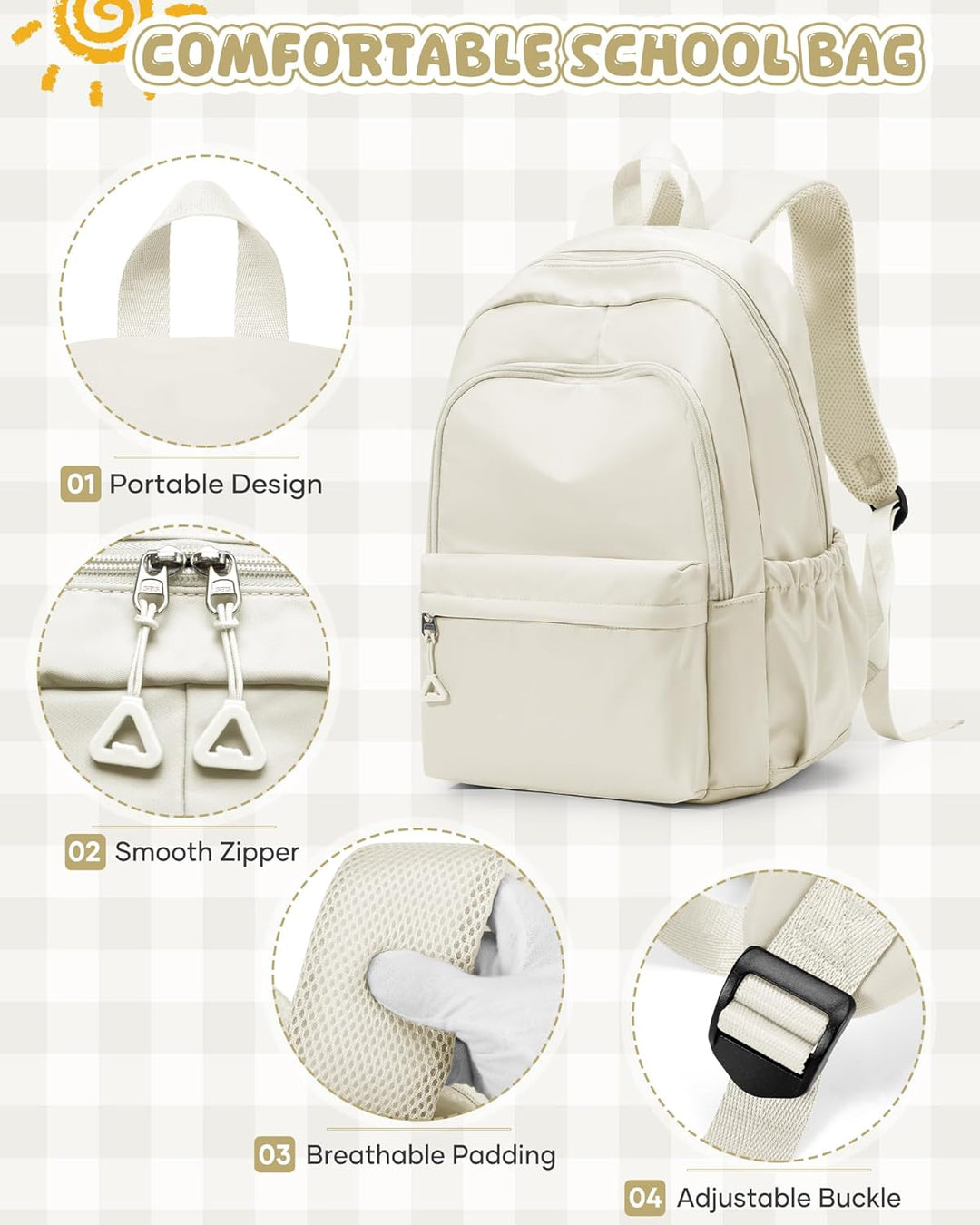 Schulrucksack Teenager Mädchen Jungen Schultasche Rucksack Schule Beige | School Bag Backpack Laptop