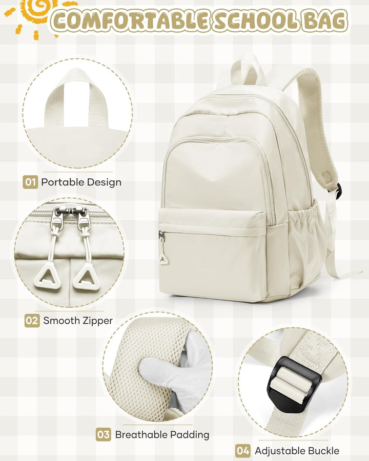 Schulrucksack Teenager Mädchen Jungen Schultasche Rucksack Schule Beige | School Bag Backpack Laptop