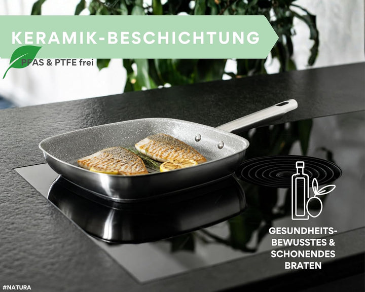 DIVORY Grillpfanne gerillt Induktion 28 x 28cm, Steakpfanne beschichtet aus Edelstahl mit Keramikbes