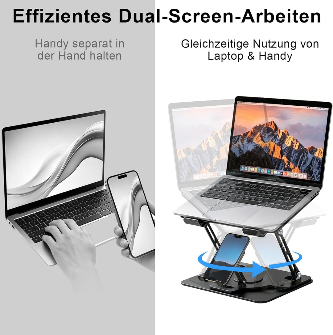 Laptop Ständer Höhenverstellbar mit Handy Halterung 360° Drehbar &amp; Platzsparend Klappbar Ergonomisch