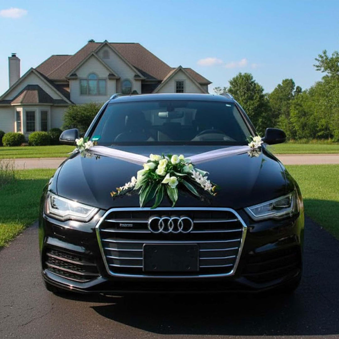 Spitze STRAUss Auto Schmuck Braut Paar Rose Deko Dekoration Hochzeit Car Auto Wedding Deko PKW (Weis