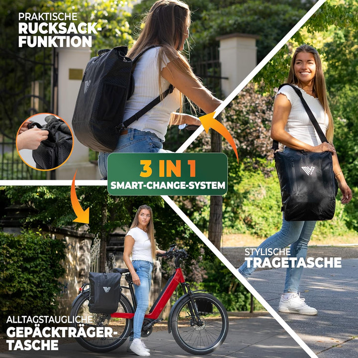 MIVELO - 3 in 1 Fahrradtasche - Rucksack - Schultertasche wasserdicht 100% PVC frei, mit Laptopfach