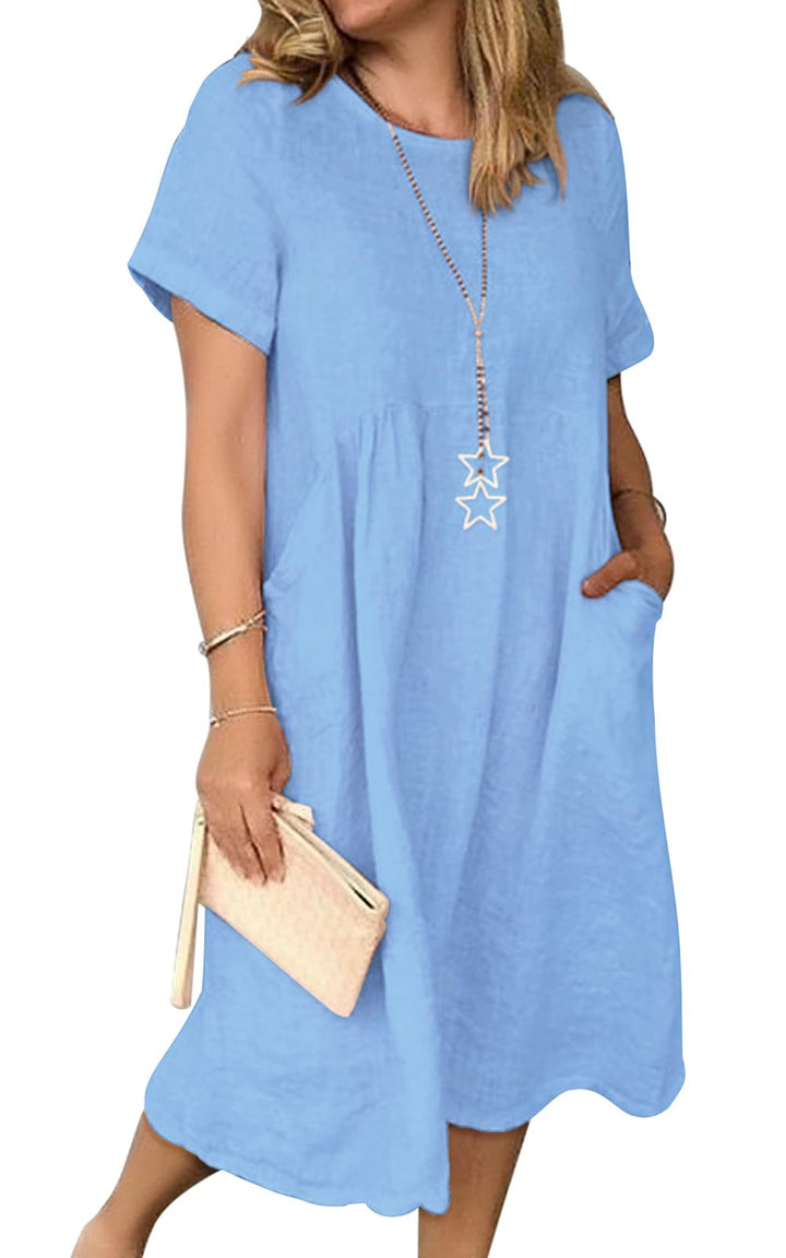 Sommerkleid Damen Leinen Kleider Casual V-Ausschnitt Midikleid Kurzarm A-Linie Kleid Strandkleid Ohn