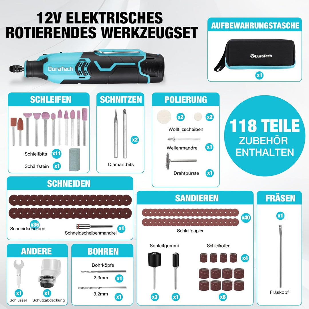 DURATECH 12V Kabellos Drehwerkzeug Set, Multifunktionswerkzeug mit 118 Zubehörteilen, mit 7 einstell