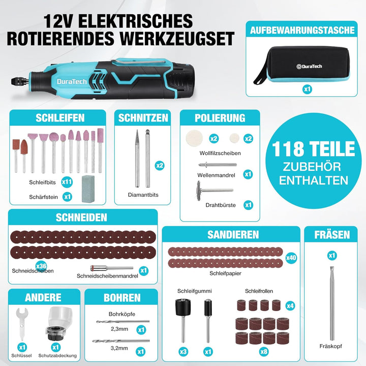 DURATECH 12V Kabellos Drehwerkzeug Set, Multifunktionswerkzeug mit 118 Zubehörteilen, mit 7 einstell