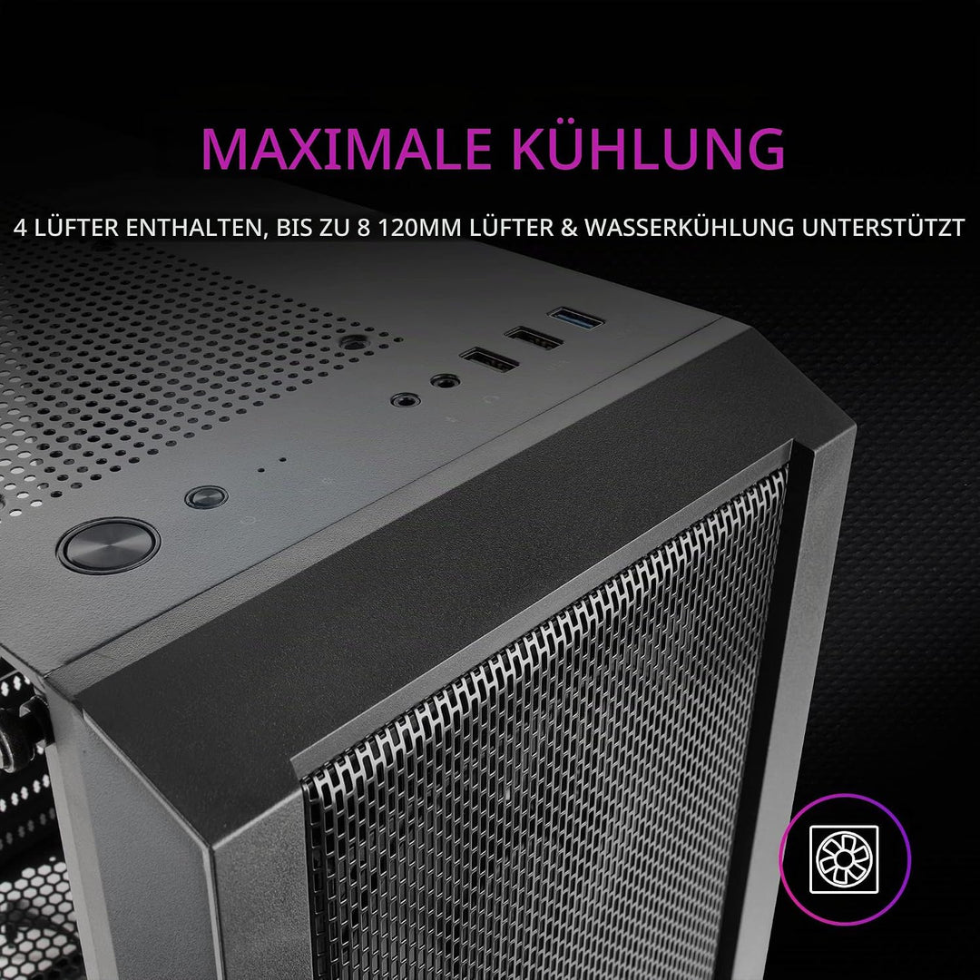 Mars Gaming MC-Master, ATX PC Gehäuse, Metall-Mesh Frontplatte, Gehärtetes Glas, 4 Ultraleise 120mm