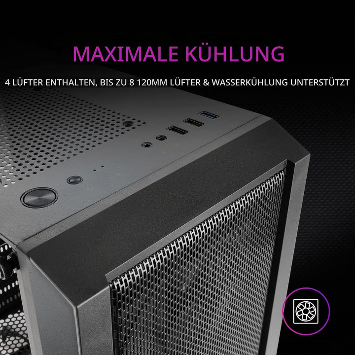 Mars Gaming MC-Master, ATX PC Gehäuse, Metall-Mesh Frontplatte, Gehärtetes Glas, 4 Ultraleise 120mm