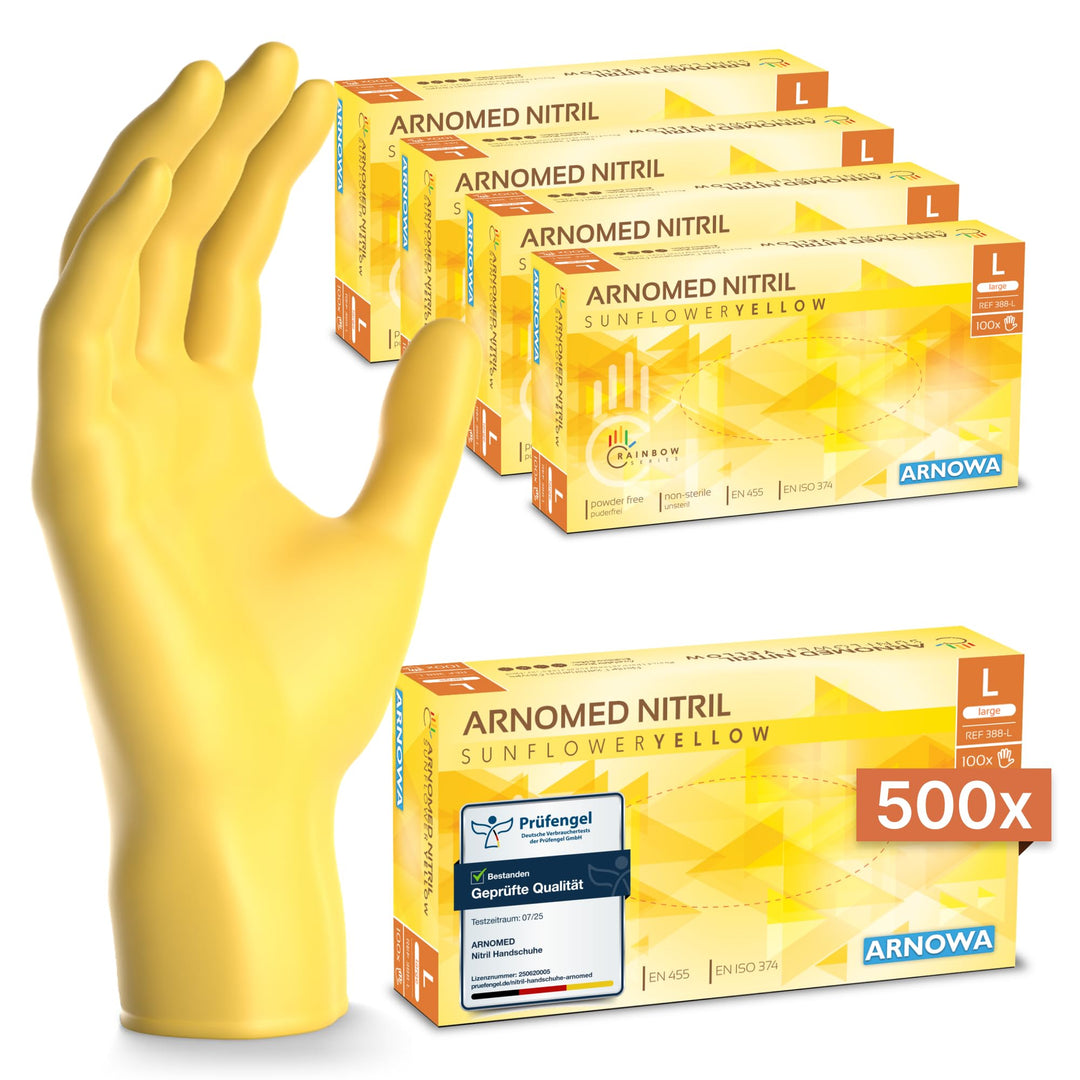 500 Stk (5x100) ARNOMED Einweghandschuhe Gelb, Einmalhandschuhe L, Nitril Handschuhe Einweg, Nitrilh