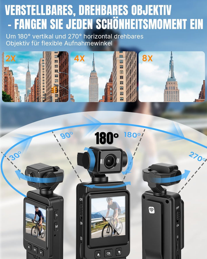 Körperkamera Bodycam Vlog Kamera, 4K Mini Sports Action Cam mit 270° Drehbarem Objektiv, Tragbare PO