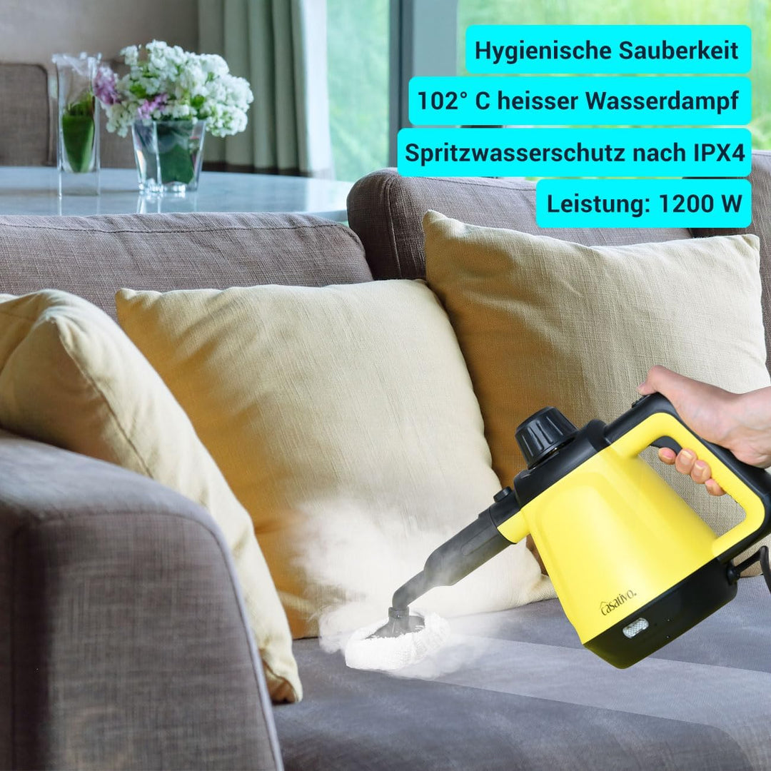 Premium Dampfreiniger, mobil, 3,5 bar Druck, 16 Zubehörteile-Aufsätze, kraftvolle 1.200W, gegen Fett