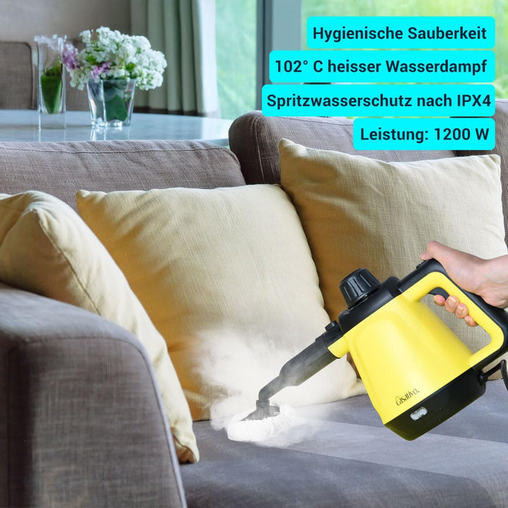 Premium Dampfreiniger, mobil, 3,5 bar Druck, 16 Zubehörteile-Aufsätze, kraftvolle 1.200W, gegen Fett